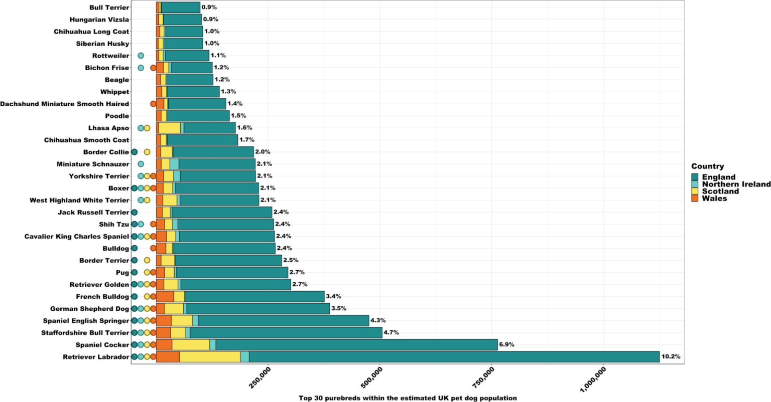 Figure 3 : Top 30 des races pures canines par pays au Royaume-Uni en 2019 (Source nature.com)